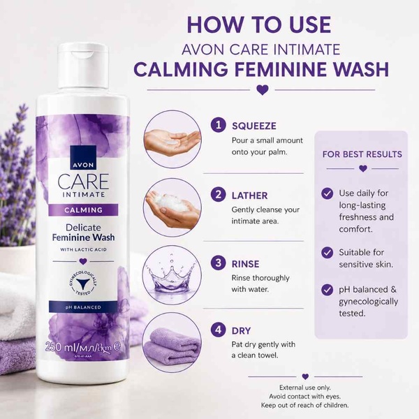 How to use Avon Care Intimate Calming Delicate Feminine Wash 250ml with step-by-step guide, product image and gentle care tips.