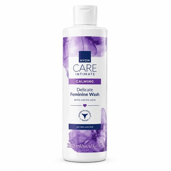 Avon Care Intimate Calming Delicate Feminine Wash 250ml with lactic acid in white bottle on clean white background.