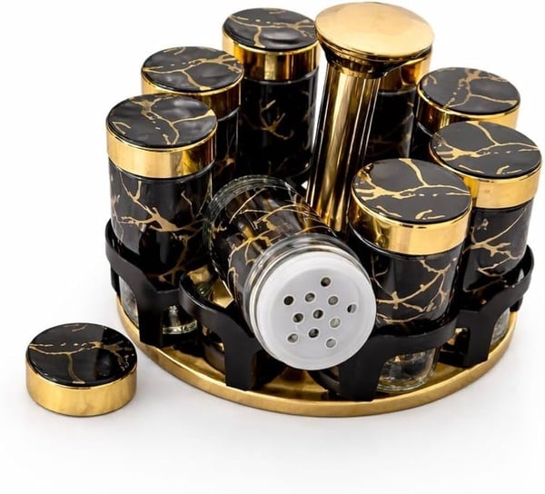 8 Piece Rotating Spice Jar Set with Gold Stand