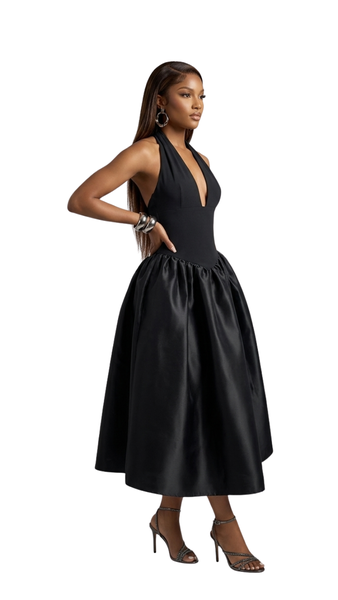 Satin halter deep-V drop-waist midi