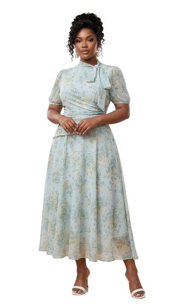Neck Bow Chiffon Midi Dress