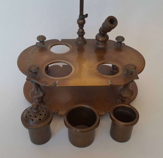 Antique Italian Solid Brass Ink Stand with Adjustable Candle Holder.