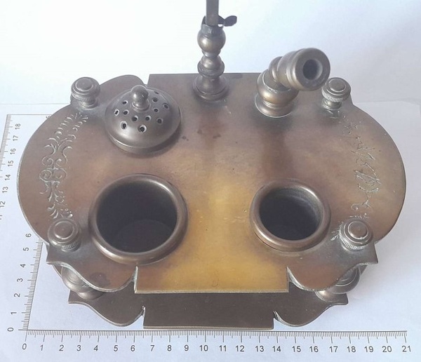 Antique Italian Solid Brass Ink Stand with Adjustable Candle Holder.