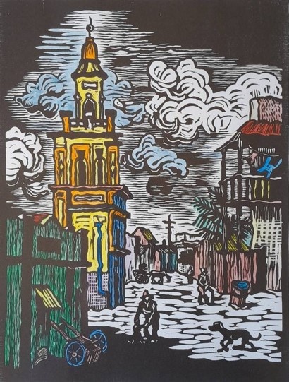 Gregoire Boonzaier District Six Hand-Coloured Linocut. Signed and Dated. Framed (47 x 35cm).