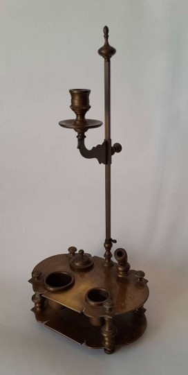 Antique Italian Solid Brass Ink Stand with Adjustable Candle Holder.