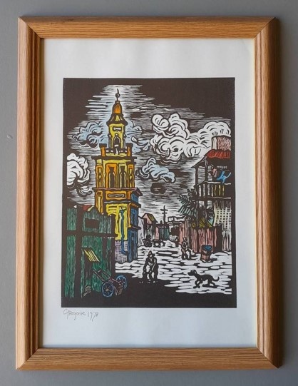 Gregoire Boonzaier District Six Hand-Coloured Linocut. Signed and Dated. Framed (47 x 35cm).