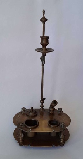 Antique Italian Solid Brass Ink Stand with Adjustable Candle Holder.