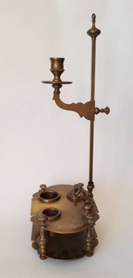 Antique Italian Solid Brass Ink Stand with Adjustable Candle Holder.