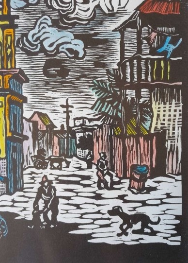 Gregoire Boonzaier District Six Hand-Coloured Linocut. Signed and Dated. Framed (47 x 35cm).