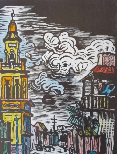Gregoire Boonzaier District Six Hand-Coloured Linocut. Signed and Dated. Framed (47 x 35cm).