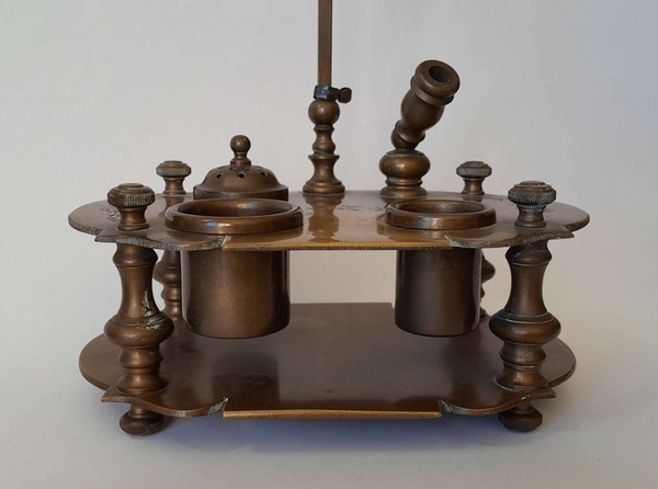 Antique Italian Solid Brass Ink Stand with Adjustable Candle Holder.