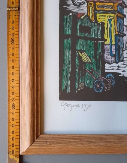 Gregoire Boonzaier District Six Hand-Coloured Linocut. Signed and Dated. Framed (47 x 35cm).