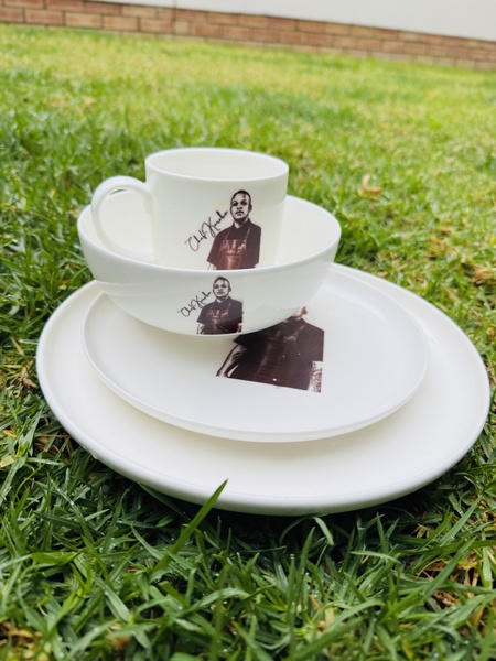 Portrait personalised plate, side plate, bowl and mug set