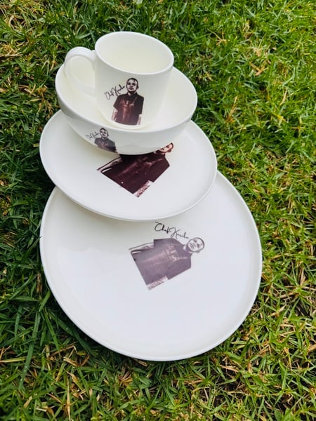 Portrait personalised plate, side plate, bowl and mug set