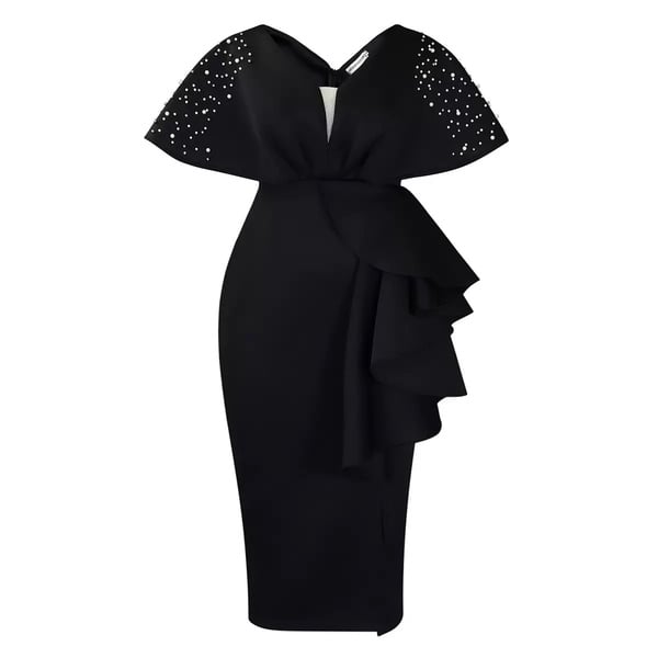 Elegant Black Pearl-Embellished Midi Dress