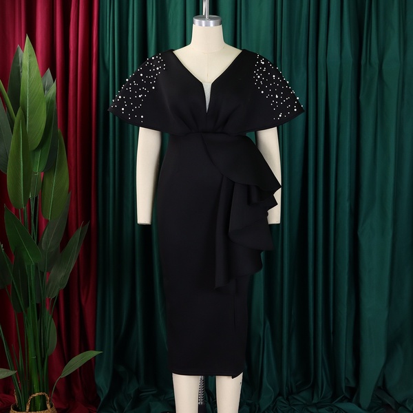 Elegant Black Pearl-Embellished Midi Dress