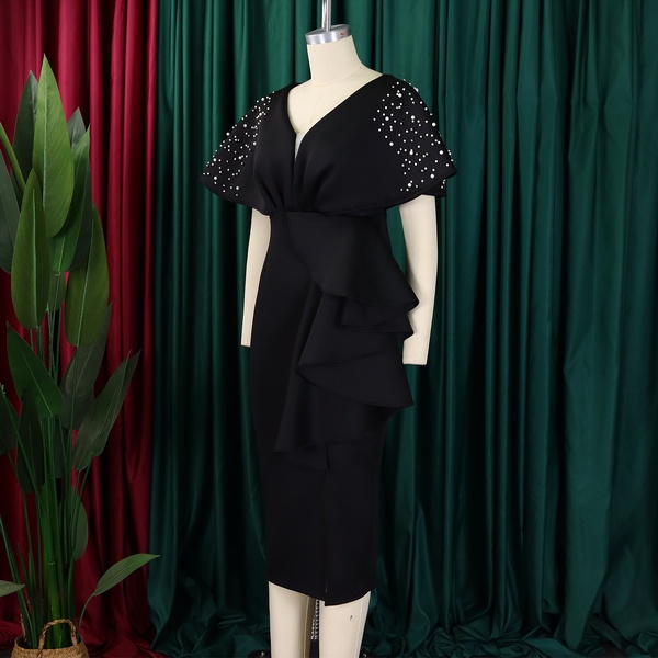 Elegant Black Pearl-Embellished Midi Dress