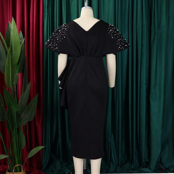 Elegant Black Pearl-Embellished Midi Dress