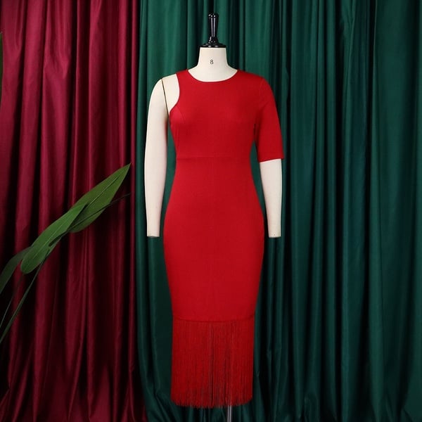 Elegant Red One-Shoulder Fringe Midi Dress