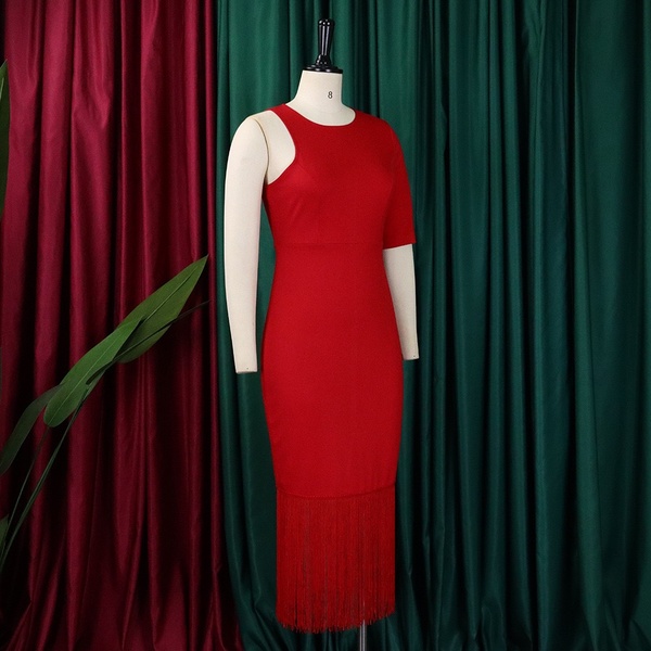 Elegant Red One-Shoulder Fringe Midi Dress
