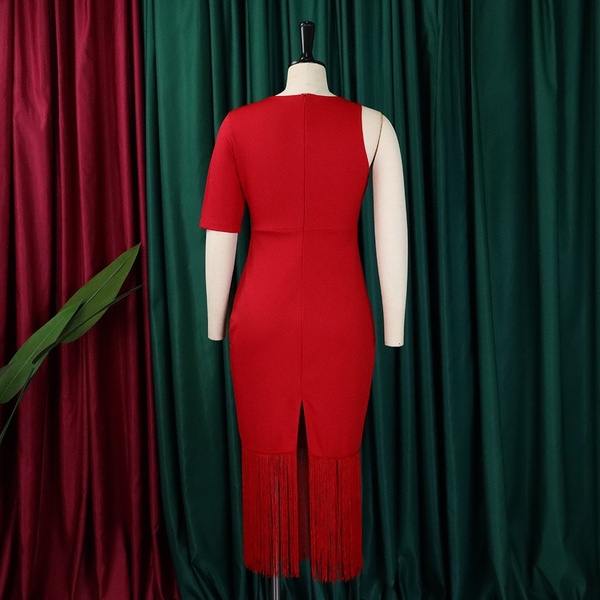 Elegant Red One-Shoulder Fringe Midi Dress