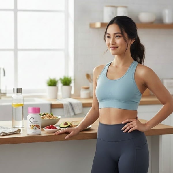 Healthy adult using CarbLift carb blocker capsules as part of a balanced lifestyle including mindful eating, exercise and daily wellness habits.