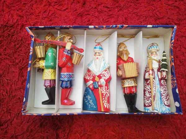 Russian Wooden Christmas Ornaments. Hand Painted Complete Set of 5 Men.