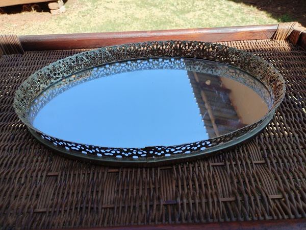 Vintage Oval Vanity Mirror Tray Gold Tone Metal Frame Filigree.