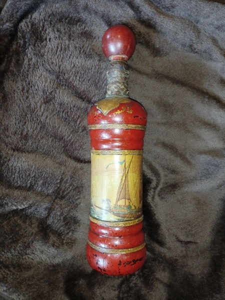 Leather Decanter Rico Italy Tall Ships in Bottle Red Glass Wood Stopper.